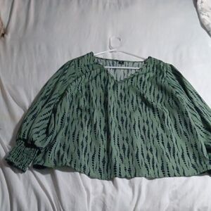 Women's Sage Green Printed Blouse - Casual V-Neck Top